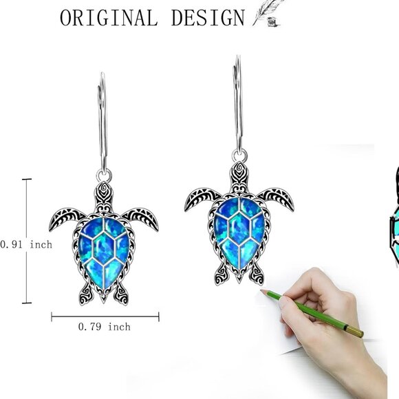Sterling Silver Turtle Earrings Blue Opal Dangle Ocean Jewelry for Women - Picture 6 of 9